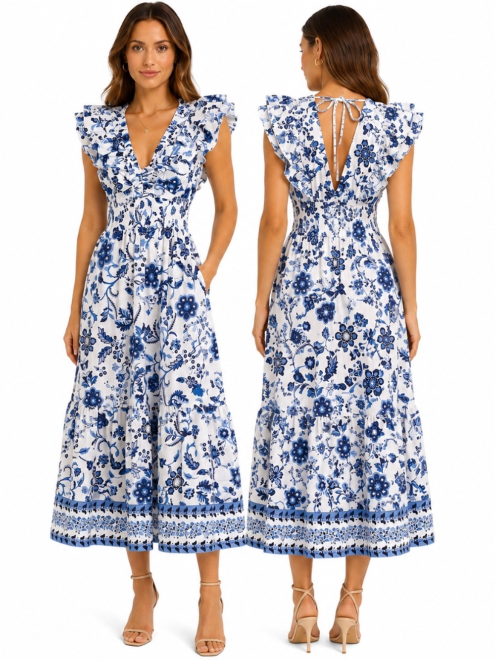 Adrianna Papell - Toile Inspired Floral Cotton Ruffle Midi Dress